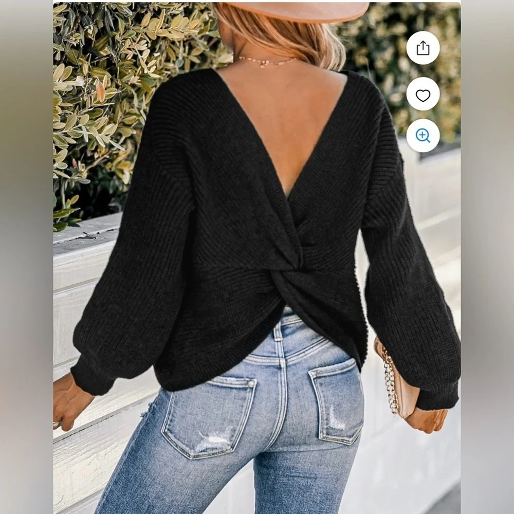 Cupshe Women's Black Chunky Knit Twist V-Back Sweater Top NWT XS V Neck
